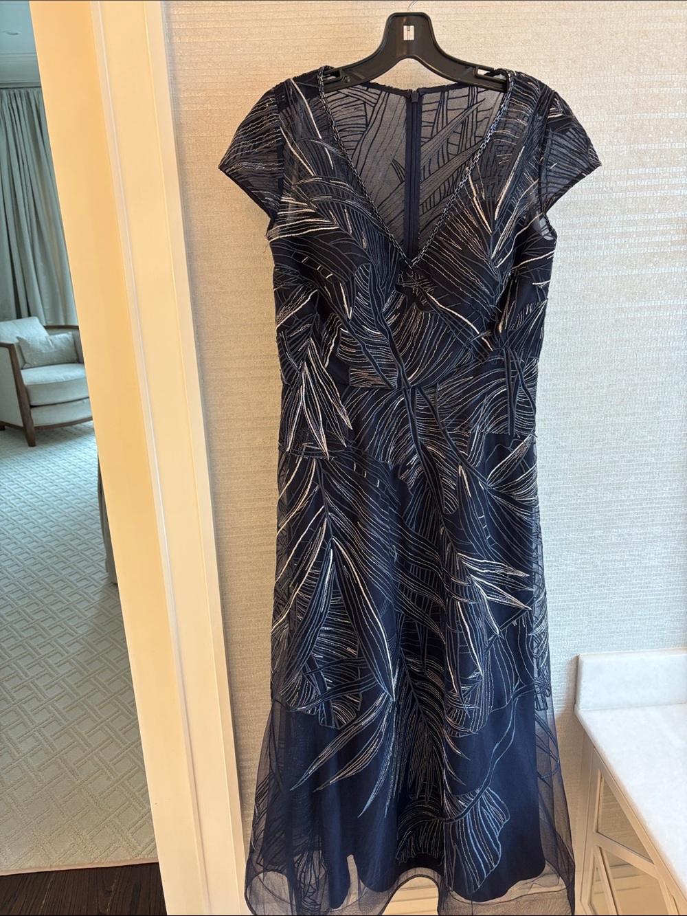 Jovani Navy and Silver Embroidered Midi Dress